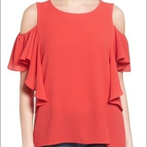 Bobeau Petite Cold Shoulder Ruffle Sleeve Top